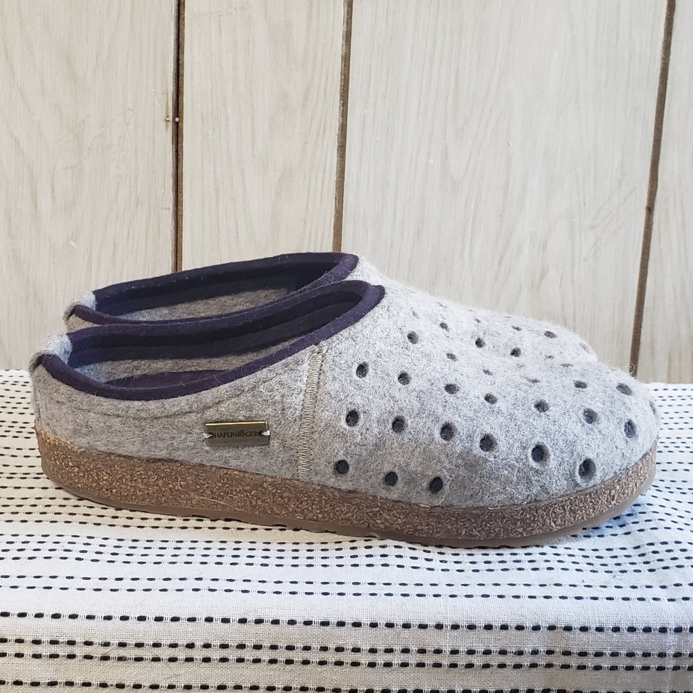 Haflinger Slippers Gray Purple Grizzly Holly Dots Clogs Wool Shoes 41 / 9.5 - 10